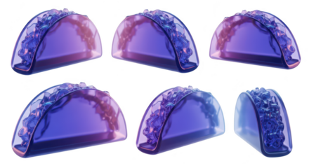 Six rendered translucent tacos displayed with purple glow floating on white background suitable for food or culinary digital art
