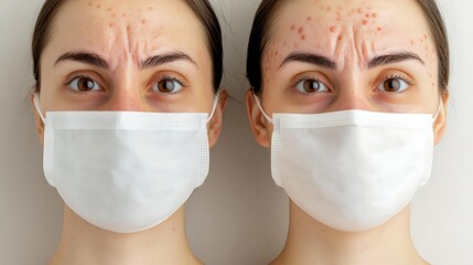 A split image of a woman wearing a mask, showcasing different skin conditions, emphasizing the impact of mask-wearing on facial health and appearance.