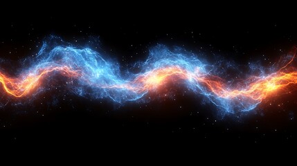 Abstract design of intertwined fire and ice elements against a black background.