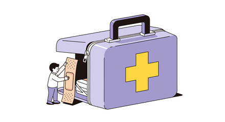 Fototapeta premium Illustrative Character Engaging with a Open First Aid Kit, Featuring Essential Medical Supplies and a Bandage for Emergency Medical Situations, Highlighting Health and Safety Themes