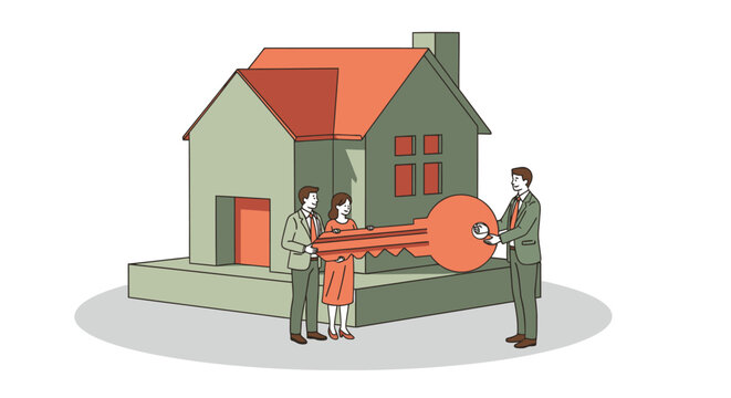 Illustration of a Real Estate Transaction Featuring Two Buyers Receiving a Large Key from a Agent in Front of a House, Symbolizing New Beginnings and Successful Home Ownership