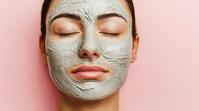A woman relaxes with a clay mask on her face, eyes closed, against a soft pink background, showcasing a serene self-care moment.