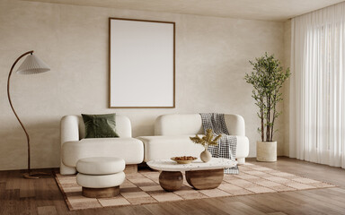 Elegant Living Room Interior with Blank Wall and Modern Furniture