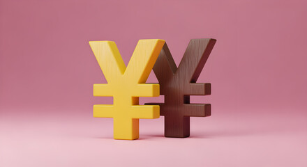 Obraz premium Two Wooden Japanese Yen Currency Symbols Leaning on Pink Textured Background in Soft Lighting