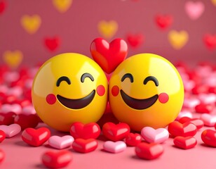 Happy emojis surrounded by hearts expressing love and affection
