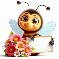 Happy bee with a flower, illustration on a white background. With an empty signboard