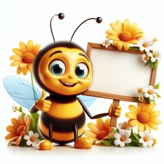 Happy bee with a flower, illustration on a white background. With an empty signboard