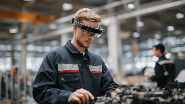 Augmented reality glasses assist a factory worker in assembling intricate equipment efficiently.