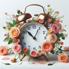 Original vintage alarm clock with flowers on a white background