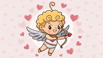 Fototapeta premium Cute Cupid character on a pink background with hearts.