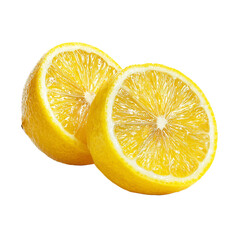Lemon sliced in half, juicy interior texture visible, isolated on white background. PNG