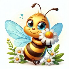 Happy bee with a flower, illustration on a white background