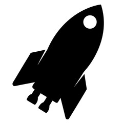 Silhouette of a classic rocket ship taking off against a white background