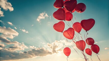  Romantic Red Heart and Round Balloons Flying in a Sunny Sky