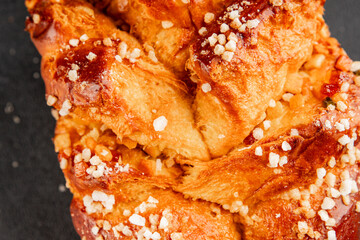 Brioche sweet baked dessert fluffy baked goods fresh delicious gourmet food background on the table rustic food top view copy space