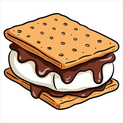 Appetizing sweet s'more dessert with marshmallow chocolate and cookies. Perfect camping snack and baked sweet treat outlined in food art pastry style.