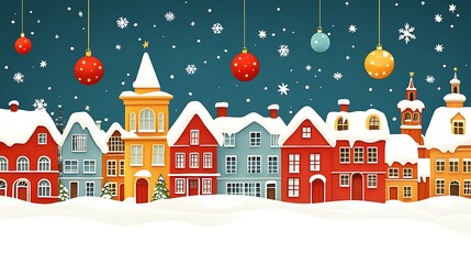 Fototapeta premium Colorful winter village scene with snow-covered houses.