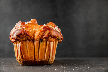 Brioche sweet baked dessert fluffy baked goods fresh delicious gourmet food background on the table rustic food top view copy space