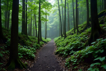 Obraz premium Walking Path Through a Lush Green Forest with Foggy Background