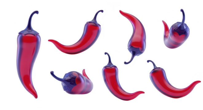 Seven vibrant red chili peppers artistically arranged isolated on white suggesting spicy food ingredients