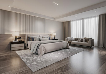 Modern bedroom with blank white wall, decorative lamps, and cozy bedding, light. Concept of home interior mockup template. 3D Rendering
