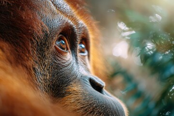 orangutan face looking into camera, intense eye contact