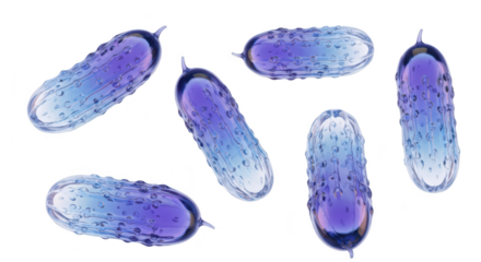 Transparent purple-hued cucumbers floating against a white background simulating a futuristic or artistic food design concept usable for health technology or abstract art
