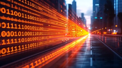 A cityscape view infused with binary code streaks converging into a blurred tunnel effect - Powered by Adobe