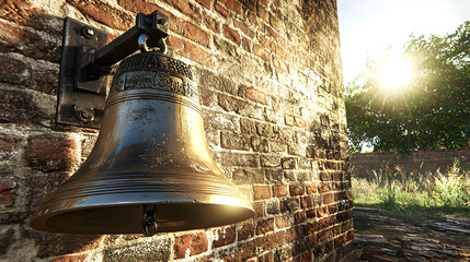 Obraz premium Vintage Bell On Brick Wall In Sunlight
