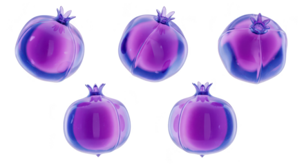 Five floating transparent purple pomegranate fruits against a white background rendered for food art or creative design
