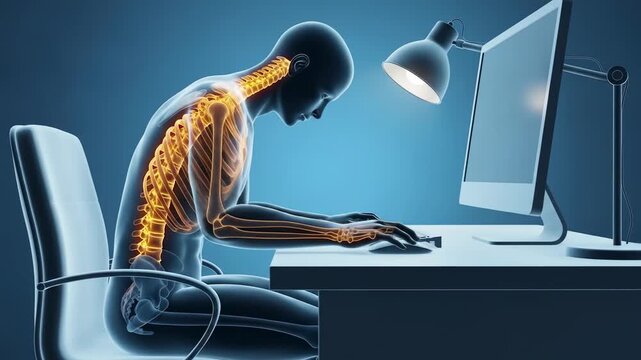 Side view of a person slouching at a desk with visible glowing spinal nerves in X-ray style, used to highlight poor posture and spinal pressure education.