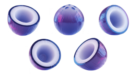 3D render of stylized coconuts cut and whole arranged against white with subtle reflections Use for tropical themes design elements