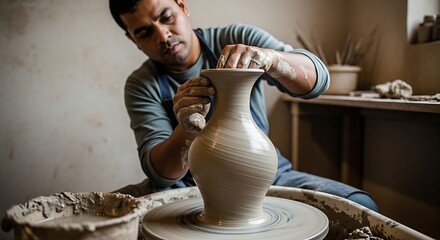 Male Pottery Artist Creating Elegant Clay Vase on Pottery Wheel in Studio