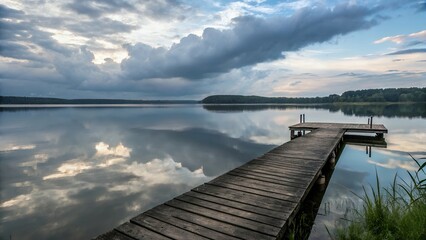 Fototapeta premium Serene wooden pier extending into calm lake reflecting dramatic cloudy sky at dawn