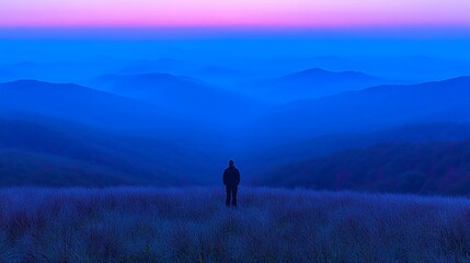 Obraz premium Silhouetted figure stands on a hilltop overlooking a vast landscape of misty mountains at dawn.