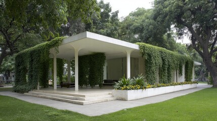 Naklejka premium Modern pavilion with lush greenery