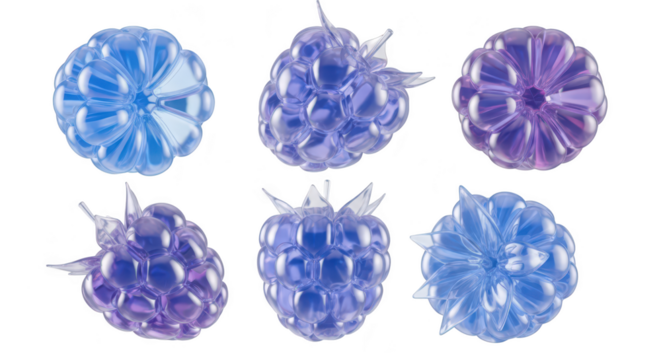 Six translucent berries different shades of blue and purple arranged on a white backdrop suggestive of candy or decorative elements
