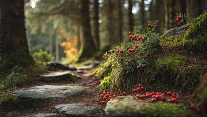 Fototapeta premium Forest path lined with stones, moss, and red berries. Sunlight filters through the trees