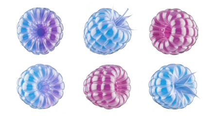 Six abstract colorful raspberries in close-up isolated on white showcasing digital art for food design and creative projects