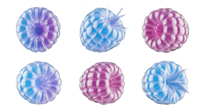 Six abstract colorful raspberries in close-up isolated on white showcasing digital art for food design and creative projects