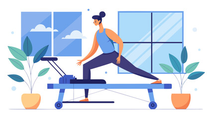 Person exercising on pilates reformer machine indoors with large windows and plants around