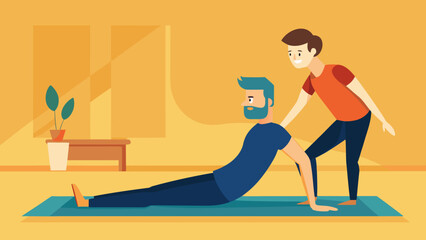 Man doing yoga stretch on mat with female instructor assisting in cozy indoor setting