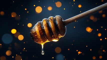 Honey dipper with dripping honey against a dark background.