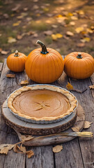 Orange Pumpkins and Delicious Pumpkin Pie on Wooden Stand on Rustic Farm Table in Autumn Landscape