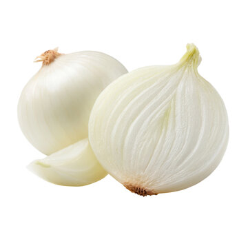 White onions halved and whole with a peeled layer image, Isolated On White, Png Transparent, Cut Out