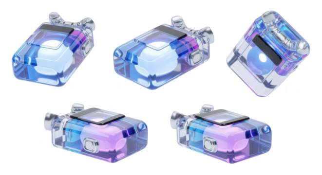 Grouped digital communicator devices with futuristic designs and glowing interiors on white background potential for future tech concepts