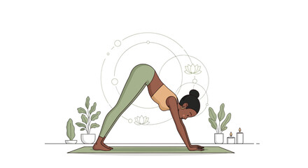 A woman in activewear performs a downward-facing dog yoga pose on a mat.