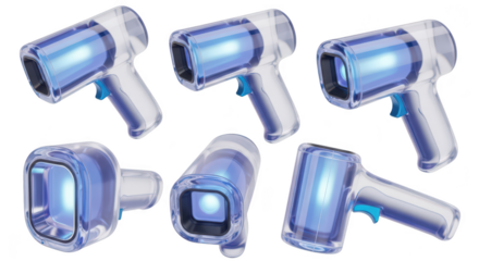 Transparent handheld scanning device emitting blue light isolated on white with multiple angles for medical or technical use