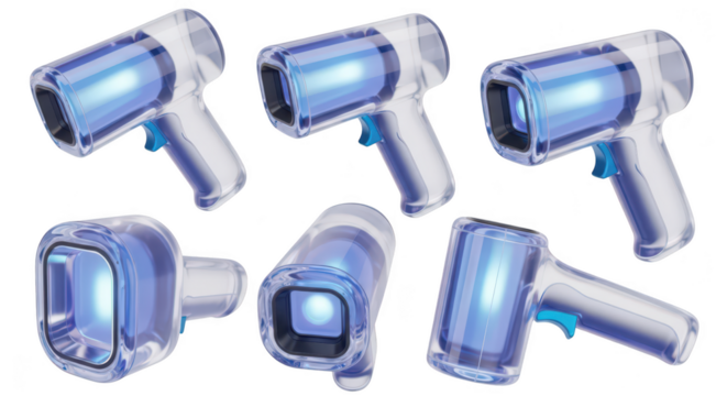 Transparent handheld scanning device emitting blue light isolated on white with multiple angles for medical or technical use