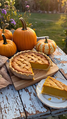 Orange Pumpkins and a Slice of Pumpkin Pie on Rustic Wooden Table Outdoors in Autumn Landscape